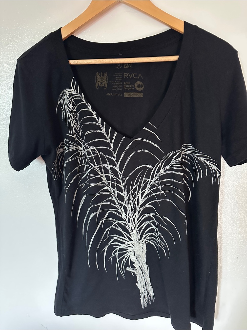 RVCA Black V-Neck Tee with White Palm Tree Graphic